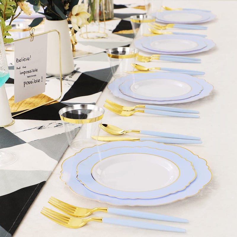 WDF 150pieces Baby Blue Plastic Plates with Gold Rim - Disposable Gold Plastic Silverware With Blue Handle-Baroque Light Blue&Gold Disposable Plates Dinnerware for Wedding/Graduation - Image 5