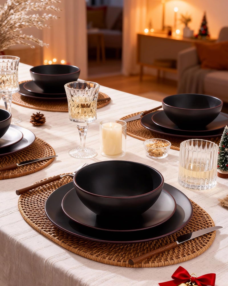 Famiware Venus Plates and Bowls Sets, 12 Pieces Stoneware Chip Resistant Dinnerware Dishes Set for 4, Matte Black - Microwave & Dishwasher Safe, Modern Minimalist, for Everyday Meals & Formal Dining - Image 2