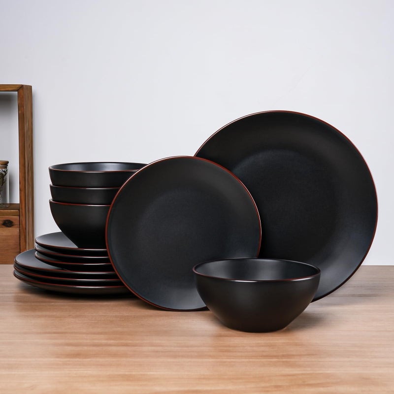 Famiware Venus Plates and Bowls Sets, 12 Pieces Stoneware Chip Resistant Dinnerware Dishes Set for 4, Matte Black - Microwave & Dishwasher Safe, Modern Minimalist, for Everyday Meals & Formal Dining - Image 1