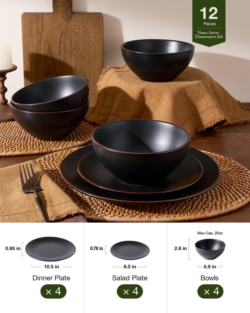 Famiware Venus Plates and Bowls Sets, 12 Pieces Stoneware Chip Resistant Dinnerware Dishes Set for 4, Matte Black - Microwave & Dishwasher Safe, Modern Minimalist, for Everyday Meals & Formal Dining - Image 5