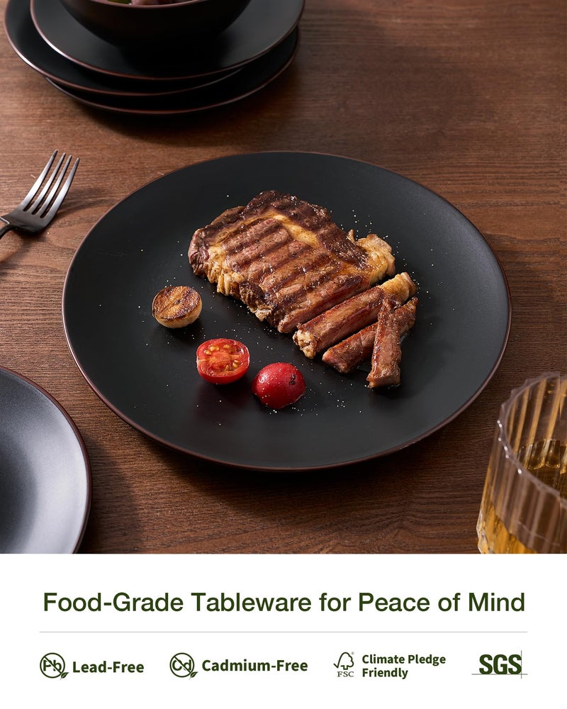 Famiware Venus Plates and Bowls Sets, 12 Pieces Stoneware Chip Resistant Dinnerware Dishes Set for 4, Matte Black - Microwave & Dishwasher Safe, Modern Minimalist, for Everyday Meals & Formal Dining - Image 4