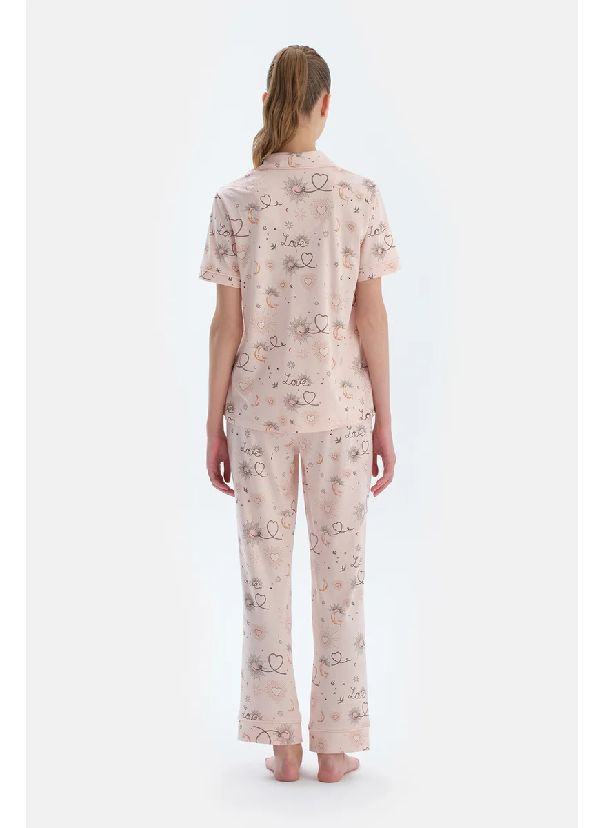 داجي Printed Shirt & Trousers Pajama Set Spread Collar Cotton Blend Mid Rise Regular/Classic Fit Sleepwear