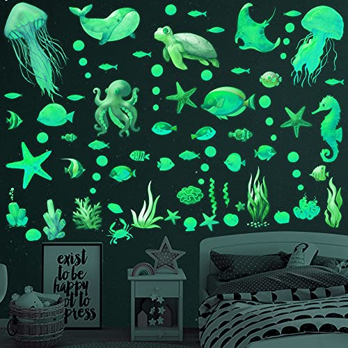 Ocean Fish Wall DecalsGlow in The Dark Sea Wall Decals Vinyl Sea Life Wall Stickers Removable Waterproof Peel and Stick for Boys Kids Bathroom Watercolor Ocean Creatures Decor Green
