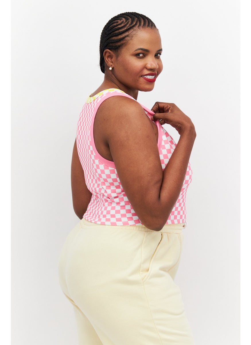 Dippin' Daisy's - Women Plus Size Round Neck Sleeveless Checkered Tank Top, Pink - Image 1