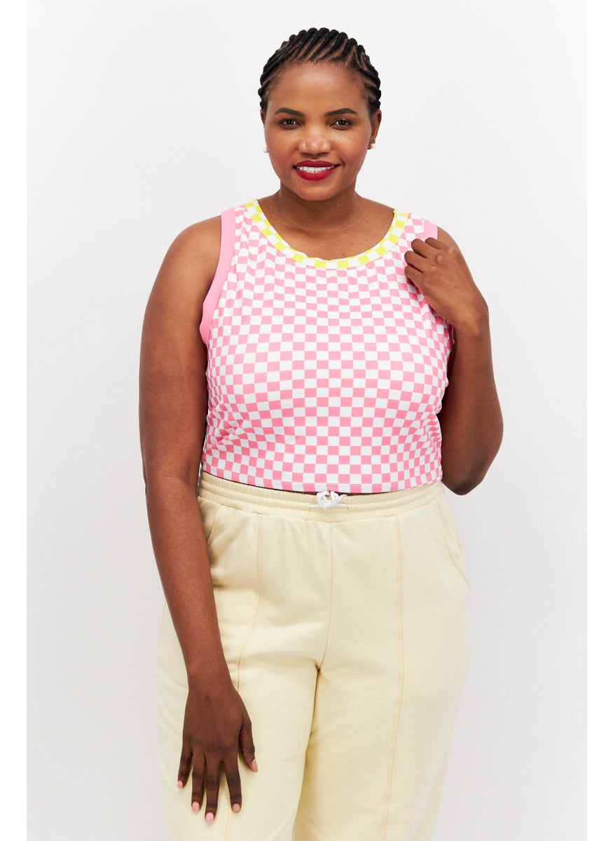 Dippin' Daisy's - Women Plus Size Round Neck Sleeveless Checkered Tank Top, Pink - Image 1