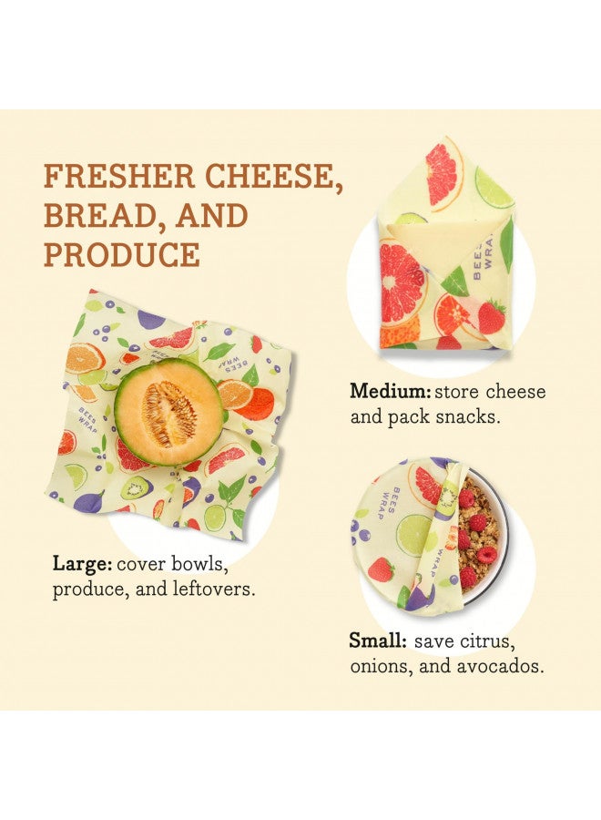 Bee's Wrap Bee's Wrap Reusable Beeswax Food Wraps Made in the USA, Eco Friendly Beeswax Wraps for Food, Sustainable Food Storage Containers, Organic Cotton Food Wraps, Assorted 3 Pack (S, M, L), Fresh Fruit  - Image 5