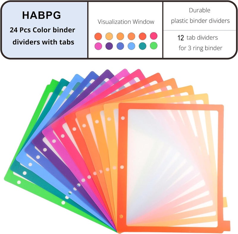 HABGP 3 Ring Binder Dividers, 12-Tab Plastic Clear Binder Dividers, Multicolor Monthly Dividers, Letter Size File Organizer 3 Hole Punch, 2 Set 24 Pcs Write On Tabs for Notebook - Image 2