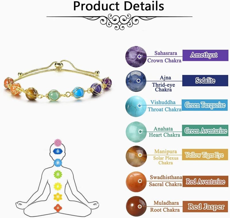 Excefore Chakra Bracelets for Women, 8mm Yoga Beaded Bracelets for Boys Girls, Mens Adjustable 7 Chakras Crystals and Healing Stones Bracelets, 14K Gold Wire Wrapped - Image 2