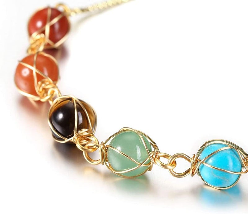 Excefore Chakra Bracelets for Women, 8mm Yoga Beaded Bracelets for Boys Girls, Mens Adjustable 7 Chakras Crystals and Healing Stones Bracelets, 14K Gold Wire Wrapped - Image 3