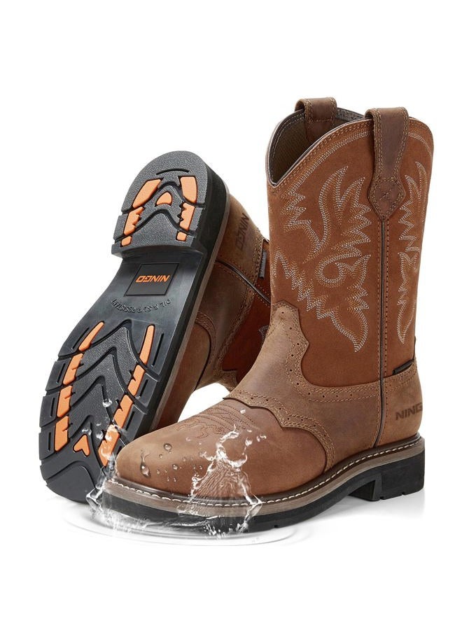 Hisea Men's Western Cowboy Boots,Square Toe Steel Toe Work Boots,Men's Safety Toe Leather Work Boots, Light Brown 4, 10 - Image 1