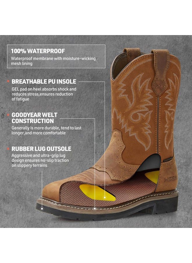 Hisea Men's Western Cowboy Boots,Square Toe Steel Toe Work Boots,Men's Safety Toe Leather Work Boots, Light Brown 4, 10 - Image 4