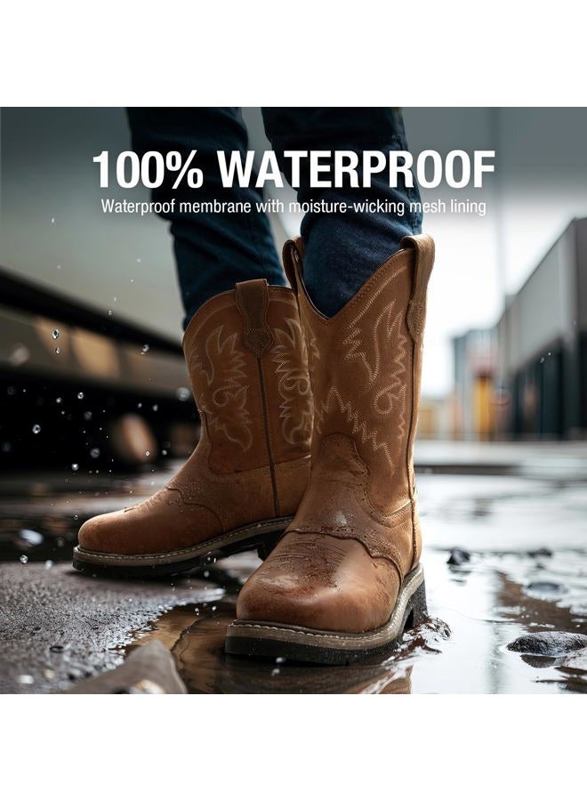 Hisea Men's Western Cowboy Boots,Square Toe Steel Toe Work Boots,Men's Safety Toe Leather Work Boots, Light Brown 4, 10 - Image 2