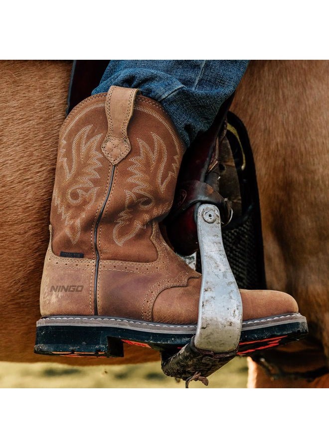 Hisea Men's Western Cowboy Boots,Square Toe Steel Toe Work Boots,Men's Safety Toe Leather Work Boots, Light Brown 4, 10 - Image 5