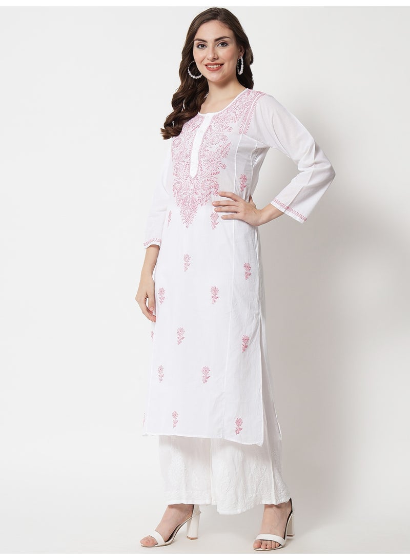 Alaya Women Hand Embroidered Chikankari Cotton Kurta-AL3469 - Image 4