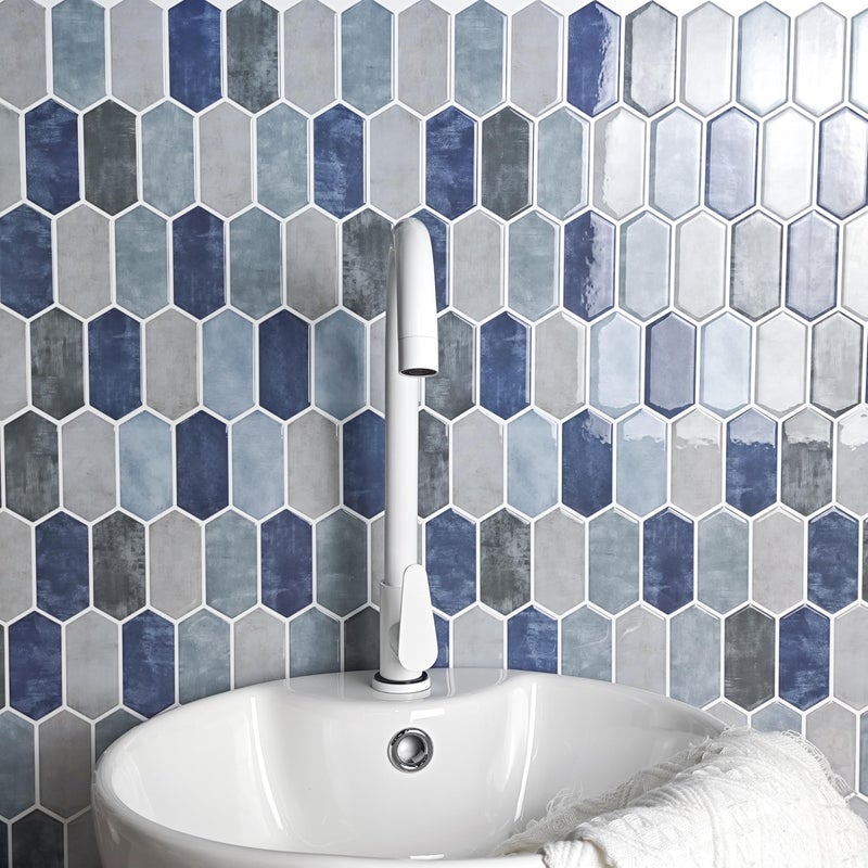WalDecoo Peel and Stick Tiles for Kitchen Thicker Design 3D SelfAdhesive Long Hexagon Wall Tile Backsplash Mix Blue 10Sheet 12x12 Stick on Tiles Peel and Stick Wall Tile for Kitchen - Image 2