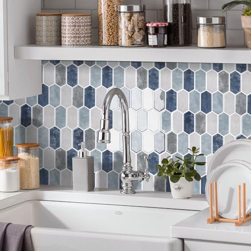 WalDecoo Peel and Stick Tiles for Kitchen Thicker Design 3D SelfAdhesive Long Hexagon Wall Tile Backsplash Mix Blue 10Sheet 12x12 Stick on Tiles Peel and Stick Wall Tile for Kitchen - Image 3