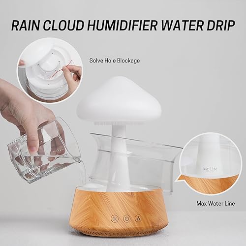 Rican Rain Water Drop Humidifier - Mushroom Cloud Lamp Humidifier, Essential Oil Diffusers, 300ml White Noise Aromatherapy Diffusers with 7 Colors Cloud Lights for Home, Large Room, Office - Wood Grain - Image 3