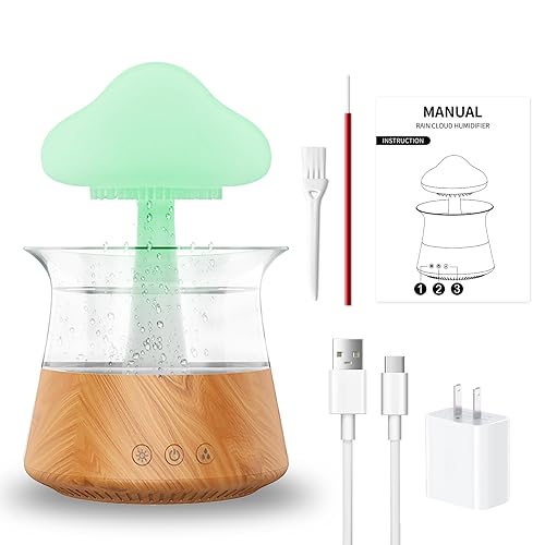 Rican Rain Water Drop Humidifier - Mushroom Cloud Lamp Humidifier, Essential Oil Diffusers, 300ml White Noise Aromatherapy Diffusers with 7 Colors Cloud Lights for Home, Large Room, Office - Wood Grain - Image 5