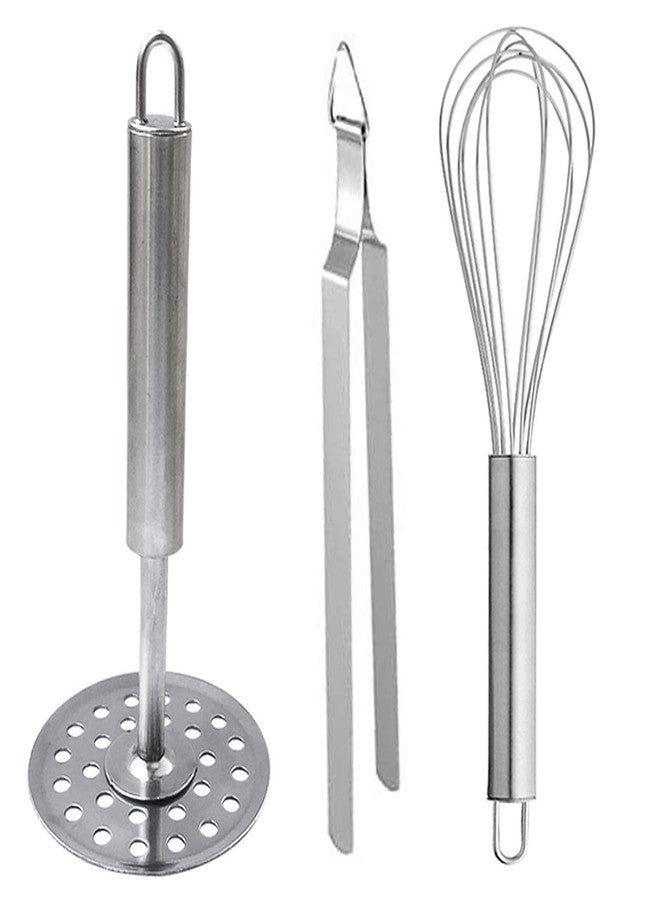 JISUN Stainless Steel Roti Chimta/Utility Tong & Egg Whisk/Egg Beater & Pav Bhaji Masher/Potato Masher for Kitchen Silver (Pack of 3) - Image 1