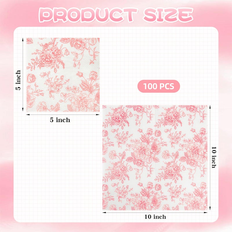 Elyxio 100 Floral Cocktail Napkins Pink and White Toile Paper Napkins 5  Vintage Pink Flower Bouquet Disposable Hand Towels for Bridal Baby Shower Christmas Tea Party Supplies - Image 2