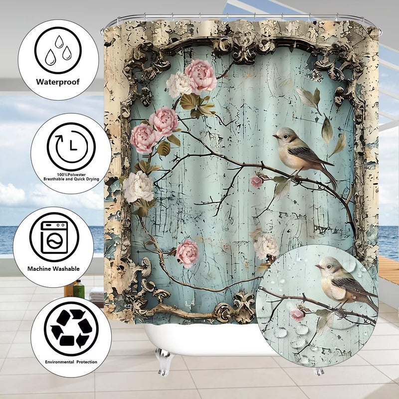 DDQQ 4Pcs Vintage Flower Bird Shower Curtain Set Bathroom Sets Branch Shower Curtain with 12 Hooks Bathroom Decor with Rugs Bath Accessories with Mats Toilet Lid Cover - Image 5