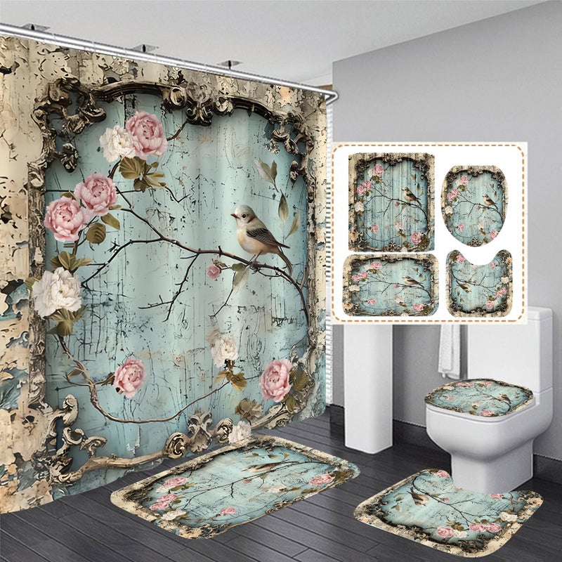 DDQQ 4Pcs Vintage Flower Bird Shower Curtain Set Bathroom Sets Branch Shower Curtain with 12 Hooks Bathroom Decor with Rugs Bath Accessories with Mats Toilet Lid Cover - Image 1