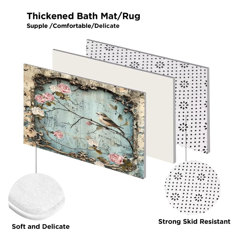 DDQQ 4Pcs Vintage Flower Bird Shower Curtain Set Bathroom Sets Branch Shower Curtain with 12 Hooks Bathroom Decor with Rugs Bath Accessories with Mats Toilet Lid Cover - Image 2