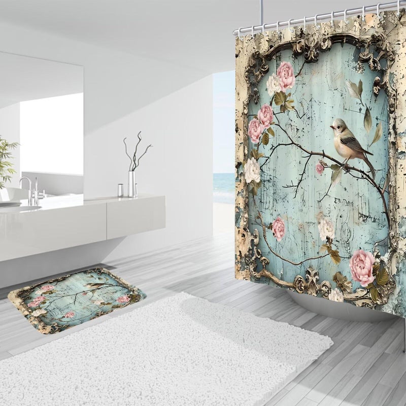 DDQQ 4Pcs Vintage Flower Bird Shower Curtain Set Bathroom Sets Branch Shower Curtain with 12 Hooks Bathroom Decor with Rugs Bath Accessories with Mats Toilet Lid Cover - Image 3