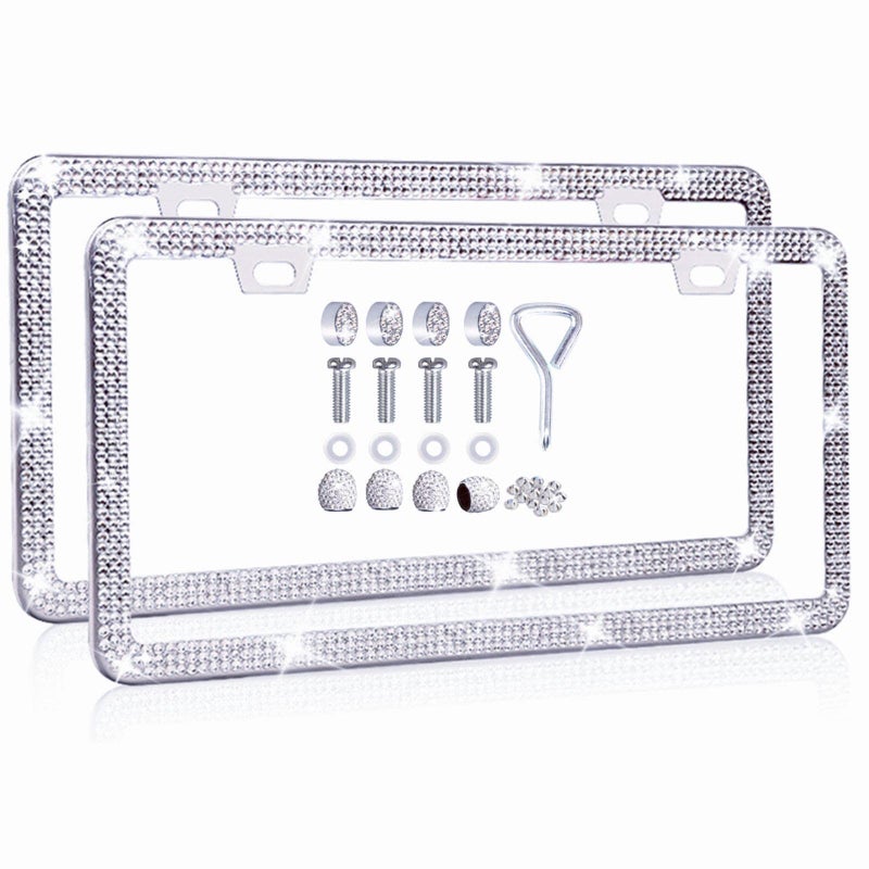 MAYEHAY White Bling License Plate Frame for Women 2 Pack Sparkly Rhinestone License Plate Frame Sparkle Diamond License Plate Holder Bedzzled License Plate Frames Glitter Tire Valve Caps with Giftbox - Image 4