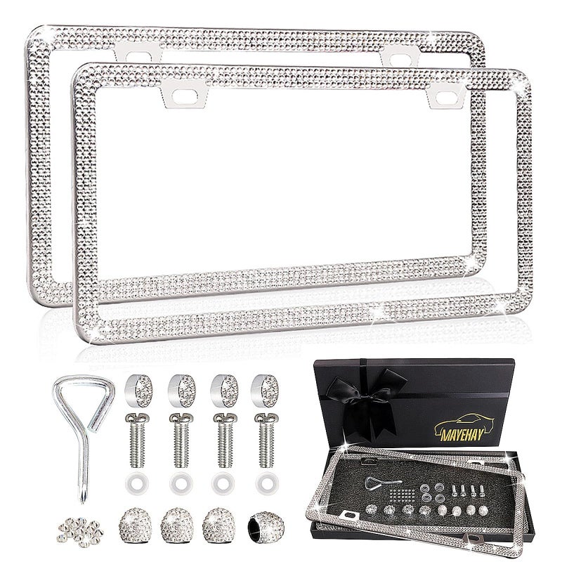MAYEHAY White Bling License Plate Frame for Women 2 Pack Sparkly Rhinestone License Plate Frame Sparkle Diamond License Plate Holder Bedzzled License Plate Frames Glitter Tire Valve Caps with Giftbox - Image 2