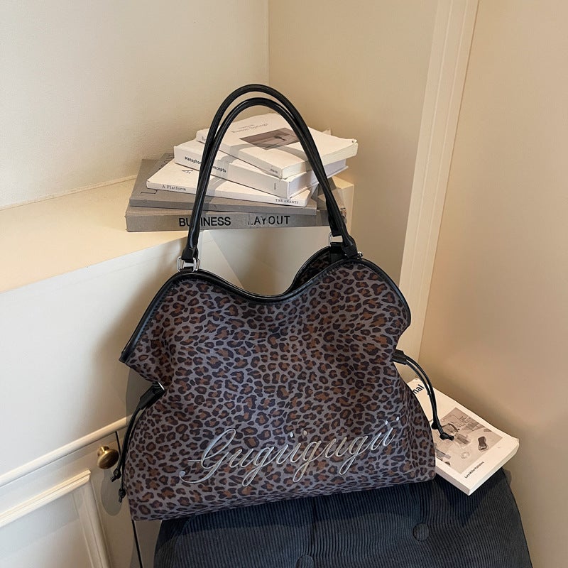 Women's Leopard Print Suede Large Capacity Shoulder Tote Bag - Image 1
