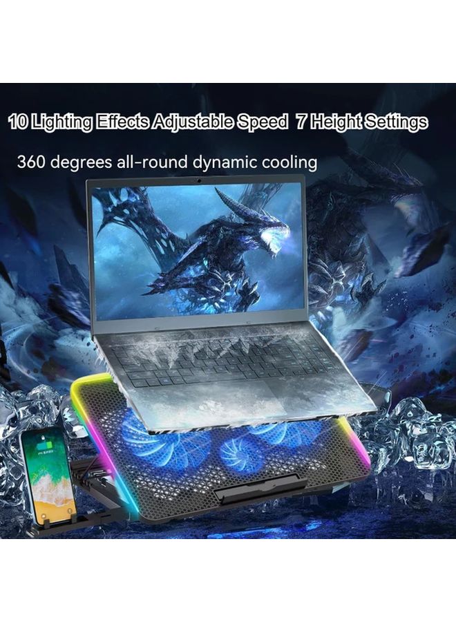Gaming Laptop Cooling Pad With 4 Fans 7 Adjustable Heights And 10 Lighting Effects Detachable Phone Holder Computer Stand Laptop Cooler Accessory In Black - Image 1