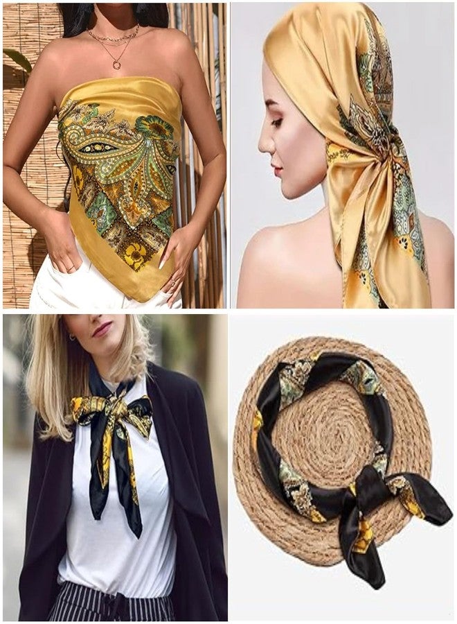 تاب كولكشنز مجموعة تاب، عبوتان، 35 بوصة، أوشحة رأس ورقبة مربعة كبيرة من الساتان الحريري، أغطية شعر للنوم للنساء - نقش بيزلي 3 / أسود وذهبي - Image 5