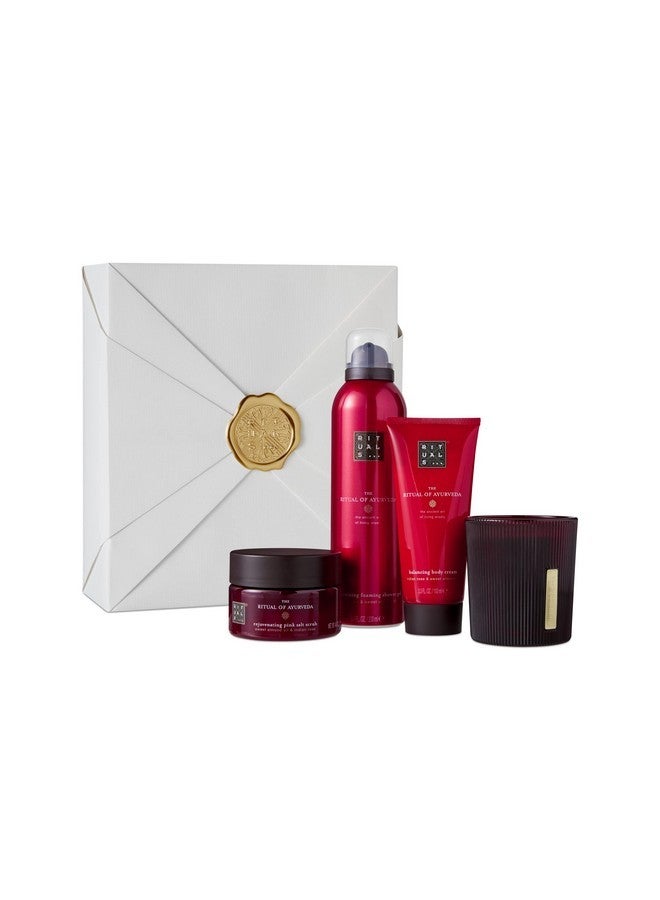 ريتوالز مجموعة هدايا ريتوالز لإعادة التوازن الأيورفيدي - جل استحمام رغوي، مقشر للجسم، كريم للجسم وشمعة بزيت الورد الهندي واللوز الحلو - متوسطة - Image 1