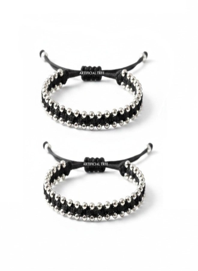 ARTIFICIAL TREE Ball Black Thread Nazariya Adjustable Bracelet Baby boy & Baby Girl | Nazar Battu | New Born Baby to 6 Year Kids | 2 Piece (AT BABY BRCT 0038) - Image 1