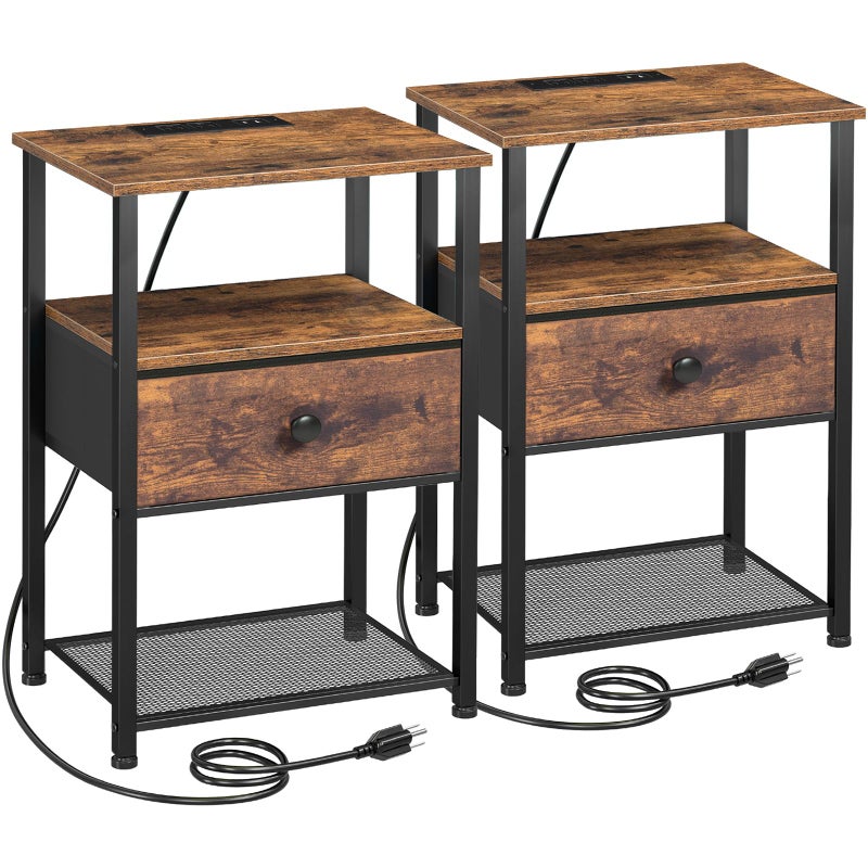 LOAKEKEL Night Stand Set 2, Nightstand with Charging Station, End Tables Living Room with Fabric Drawer for Small Spaces, Bed Side Tables with Storage Shelf for Bedroom, Rustic Brown HETS010PBR - Image 1