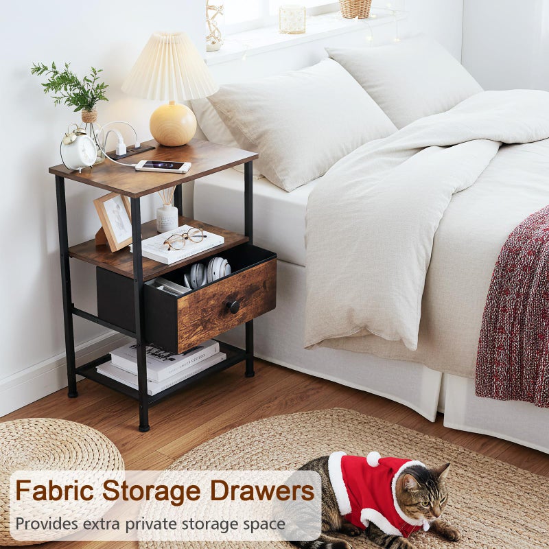 LOAKEKEL Night Stand Set 2, Nightstand with Charging Station, End Tables Living Room with Fabric Drawer for Small Spaces, Bed Side Tables with Storage Shelf for Bedroom, Rustic Brown HETS010PBR - Image 5
