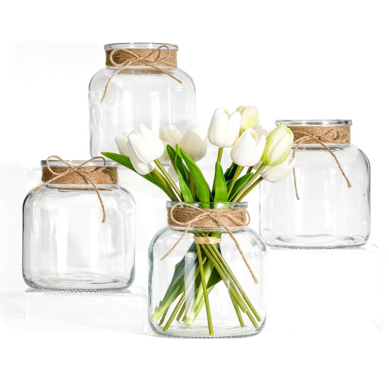 Houmury Glass Vases for Centerpieces Set of 4 Farmhouse 6 Inch Clear Large Vase Utensils Holder with Twine Ties Home Decor for Wedding Living Room Dining Table Office (4) - Image 1