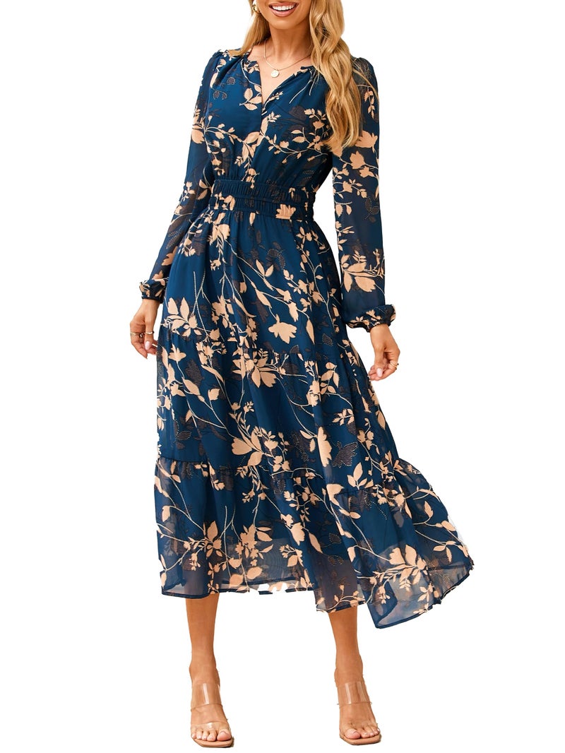 Simplee Women's Floral Boho Long Sleeve Maxi Dress V Neck Empire Waist Swing Flowy Wedding Guest Dress Navy Floral S - Image 1
