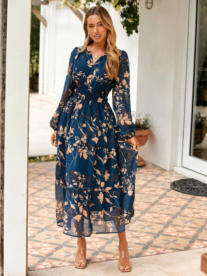 Simplee Women's Floral Boho Long Sleeve Maxi Dress V Neck Empire Waist Swing Flowy Wedding Guest Dress Navy Floral S - Image 2