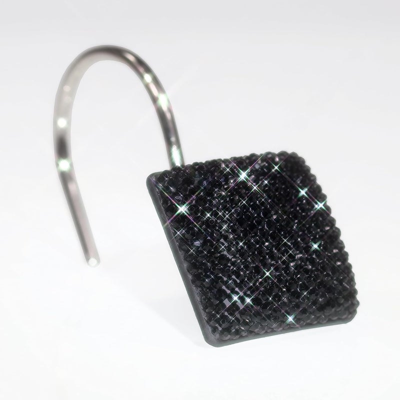 Popkozzi Black Shower Curtain Hooks Rings: Bling Glitter Sparkle Shiny Crystal Diamond Decorative Shower Curtain Rings - Luxury Fancy Glam Square Rhinestones Curtain Hooks & Hangers for Bathroom - Set of 12 - Image 2