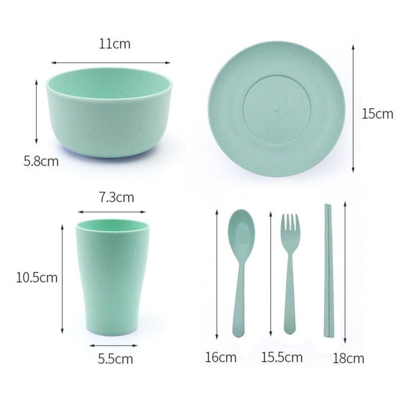 YOUSTYLO - YOU ARE PRIORITY Youstylo Wheat Straw Fiber Dinnerware Sets of 6, Non-Plastic, Eco-Friendly, FDA Approved Lightweight Bowl, Glass, Plate, Chopsticks, Fork, Spoon Tableware Set for Kids or Picnics (Green) - Image 4