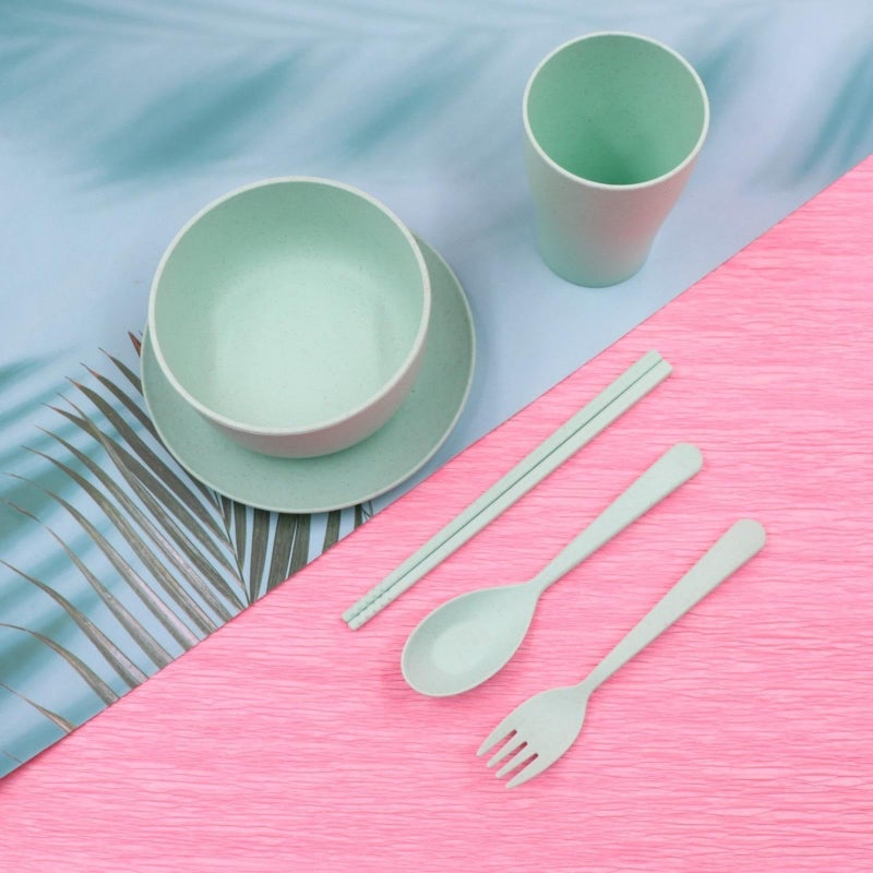 YOUSTYLO - YOU ARE PRIORITY Youstylo Wheat Straw Fiber Dinnerware Sets of 6, Non-Plastic, Eco-Friendly, FDA Approved Lightweight Bowl, Glass, Plate, Chopsticks, Fork, Spoon Tableware Set for Kids or Picnics (Green) - Image 2