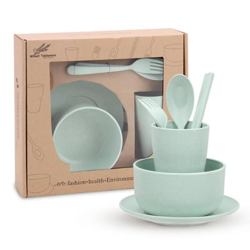 YOUSTYLO - YOU ARE PRIORITY Youstylo Wheat Straw Fiber Dinnerware Sets of 6, Non-Plastic, Eco-Friendly, FDA Approved Lightweight Bowl, Glass, Plate, Chopsticks, Fork, Spoon Tableware Set for Kids or Picnics (Green) - Image 1