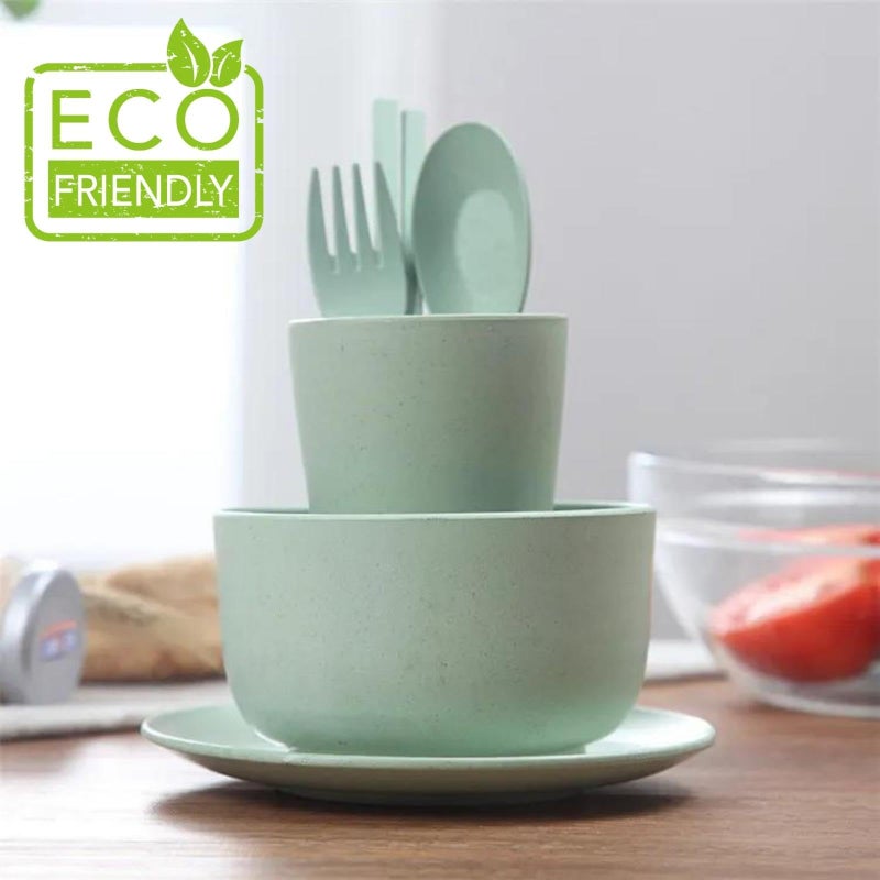 YOUSTYLO - YOU ARE PRIORITY Youstylo Wheat Straw Fiber Dinnerware Sets of 6, Non-Plastic, Eco-Friendly, FDA Approved Lightweight Bowl, Glass, Plate, Chopsticks, Fork, Spoon Tableware Set for Kids or Picnics (Green) - Image 5