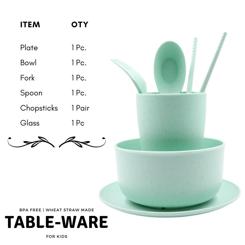 YOUSTYLO - YOU ARE PRIORITY Youstylo Wheat Straw Fiber Dinnerware Sets of 6, Non-Plastic, Eco-Friendly, FDA Approved Lightweight Bowl, Glass, Plate, Chopsticks, Fork, Spoon Tableware Set for Kids or Picnics (Green) - Image 3