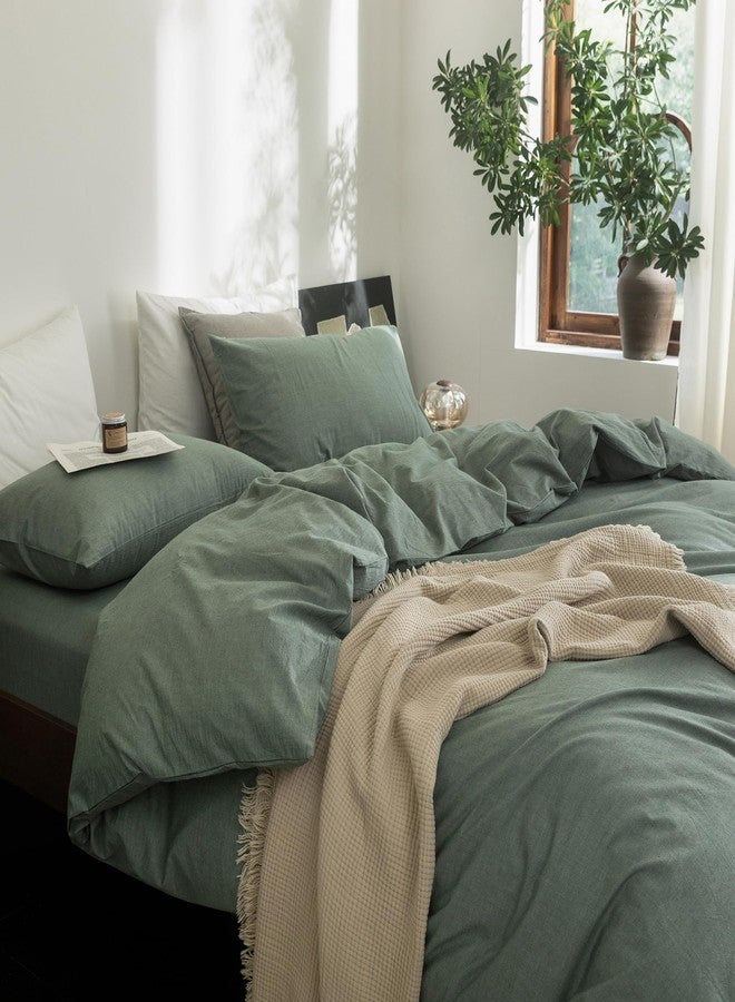 FOSSA Duvet Cover Set 100% Washed Cotton Linen Feel Super Soft Breathable Cozy Simple Style 3 Pieces Bedding Sets Solid Heathered Green King - Image 2