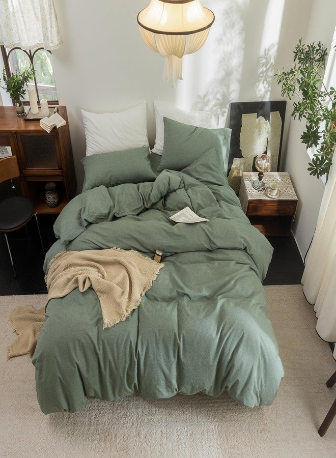 FOSSA Duvet Cover Set 100% Washed Cotton Linen Feel Super Soft Breathable Cozy Simple Style 3 Pieces Bedding Sets Solid Heathered Green King - Image 4