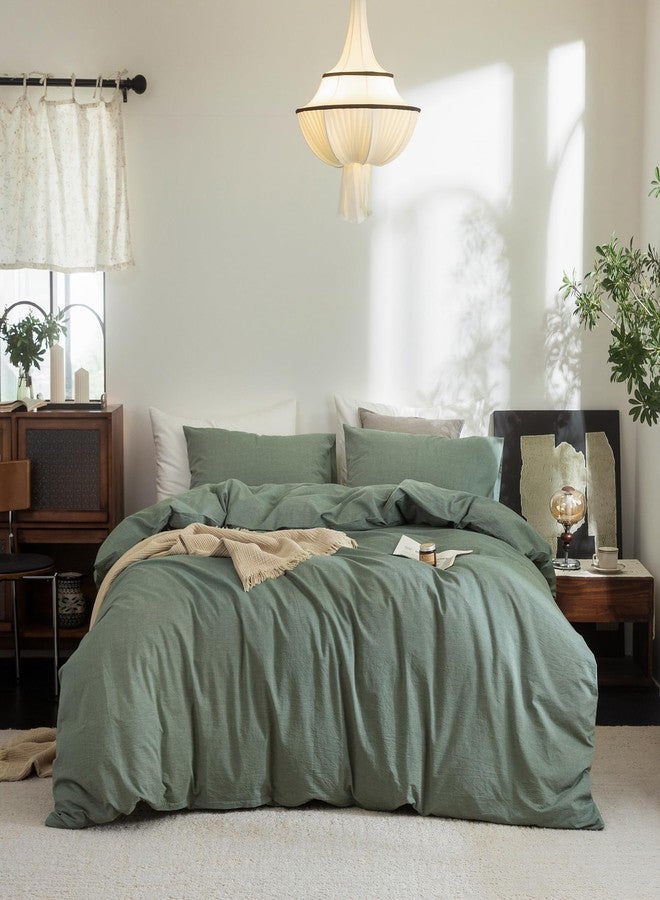 FOSSA Duvet Cover Set 100% Washed Cotton Linen Feel Super Soft Breathable Cozy Simple Style 3 Pieces Bedding Sets Solid Heathered Green King - Image 1