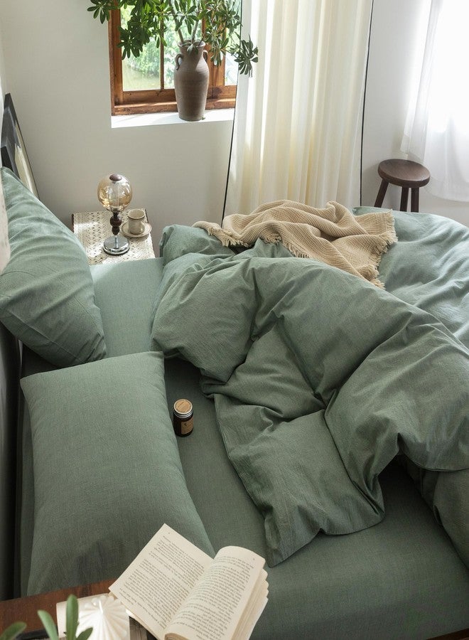 FOSSA Duvet Cover Set 100% Washed Cotton Linen Feel Super Soft Breathable Cozy Simple Style 3 Pieces Bedding Sets Solid Heathered Green King - Image 5